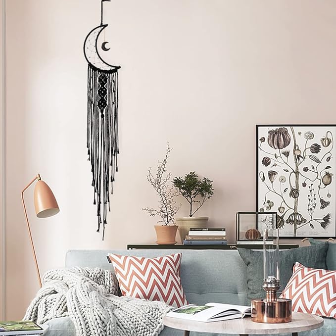 MOONFLY Black Moon Dream Catcher with Handmade Woven Cotton Dream Catchers Boho Macrame Wall Hanging Home Decoration Ornament Craft Gift (Black Moon)-Ruum Studio Home
