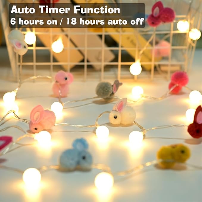 9.85Ft Easter Decor String Lights with Timer 20 Rabbit Shaped Pompoms 20 Ball LED Garland Battery Operated Easter Decorations Bunny Lights for Home Party Kids Room Bedroom Birthday Wedding Indoor-Ruum Studio Home
