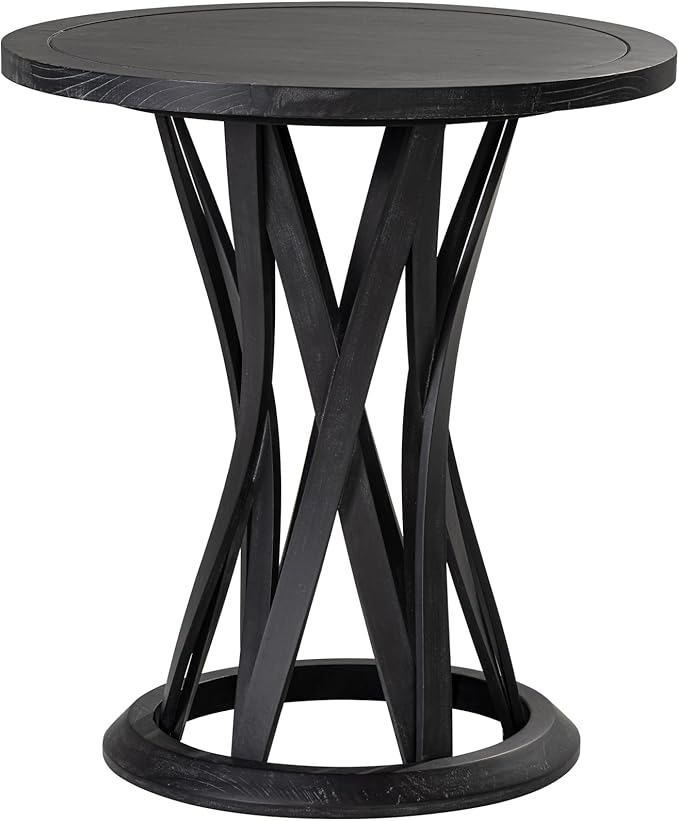 Round Farmhouse End Table with Crisscross Pedestal Base, Distressed Finish Side Table Rustic Accent Table for Living Room, Pine Wood, Black-Ruum Studio Home