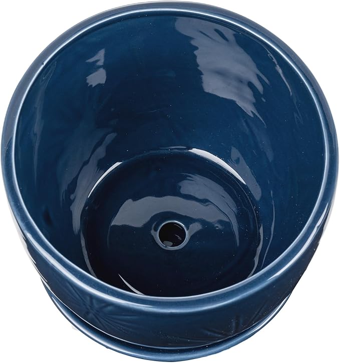 MyGift 7 Inch Round Blue Ceramic Plant Pot with Drainage Hole and Attached Saucer, Modern Decorative Embossed Sunburst Planter Container for Indoor Home Garden-Ruum Studio Home
