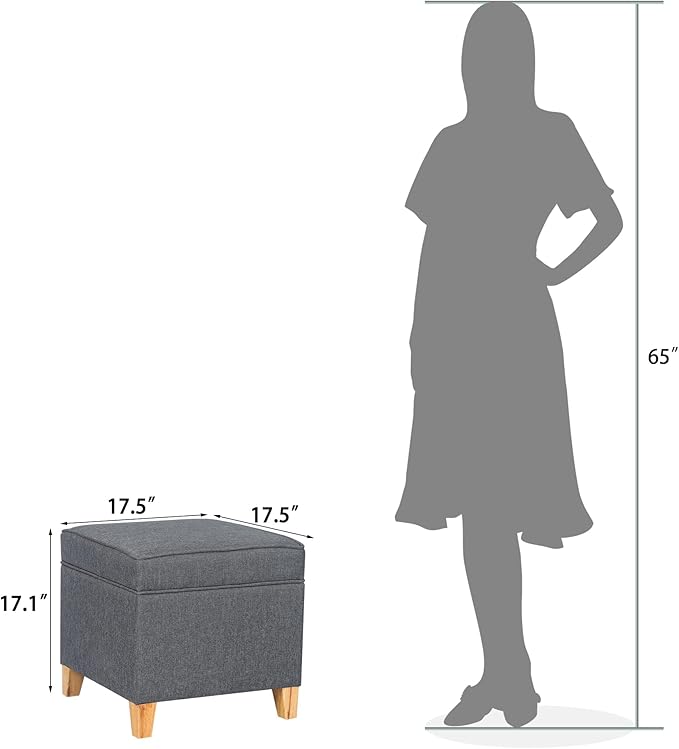 Adeco 17.5" Square Fabric Ottoman with Storage, Upholstered Cotton Linen Foot Rest, Flip Top Footstool, Small Cube Coffee Table Extra Seat for Living Room, Bedroom, Grey with Burlywood Legs-Ruum Studio Home
