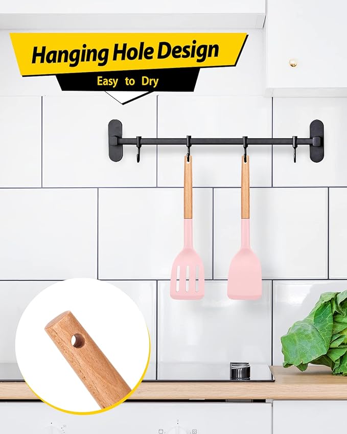 Pack of 2 Silicone Cooking Spatula, Heat Resistant Solid Turner, Non Stick Slotted Spatulas with Wooden Short Handle,Ideal Wood Kitchen Utensils Set for Frying, Baking, Flipping, Turning-Ruum Studio Home