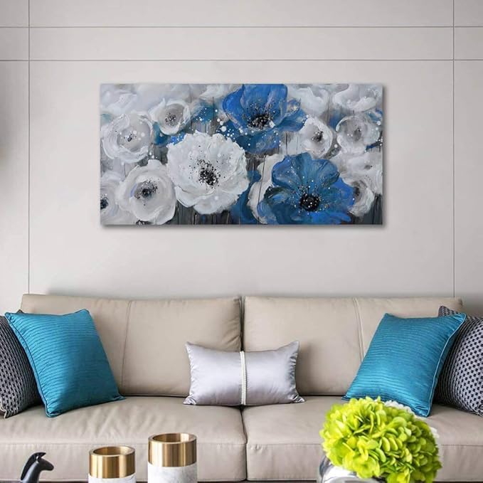Mofutinpo Large Flower Painting Wall Art, 24x48, Modern Home Decor, Living Room Wall Decorations, White Blue Flower Prints Artwork, Waterproof UV Resistant Canvas, Wall Art for Bedroom-Ruum Studio Home