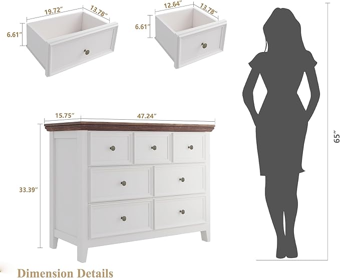 BLANKSPACE 7 Drawer Dresser, Modern Farmhouse Dresser Chest of Drawer for Bedroom, Chest of Drawers Storage Cabinet for Living Room, Entryway, Hallway, Antique White-Ruum Studio Home