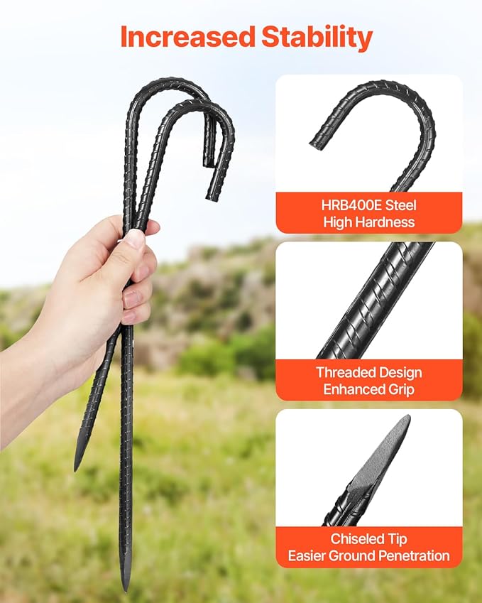 VEVOR Rebar Stakes, 16-Inch, Heavy-Duty 0.4 in Diameter J Hook, Galvanized Steel Ground Anchors with Chisel Point End & Rust-Resistant Coating, for Gardening Support, Fence, Camping Tents (16-Pack)-Ruum Studio Home