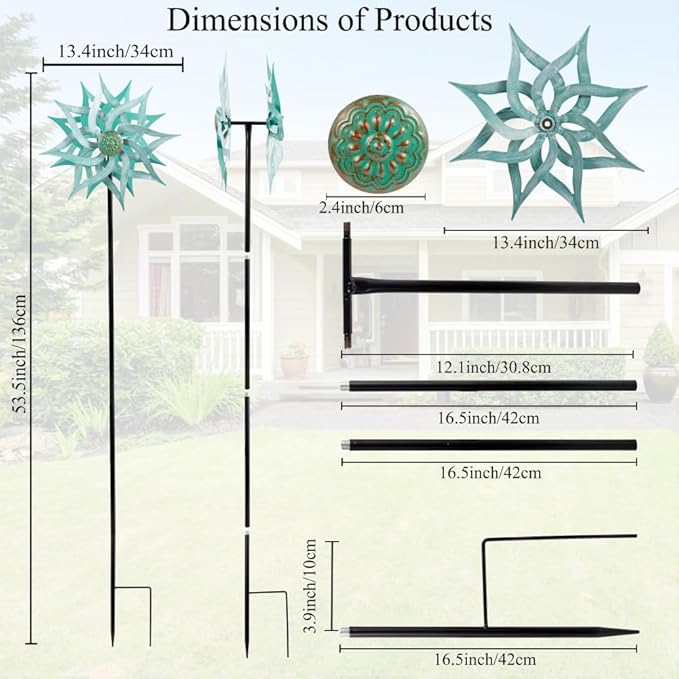 Viveta Metal Wind Spinners,53.5" Kinetic Wind Sculptures,Green Garden Pinwheels Double Layer Windmill for Outdoor Patio Lawn Yard-Ruum Studio Home