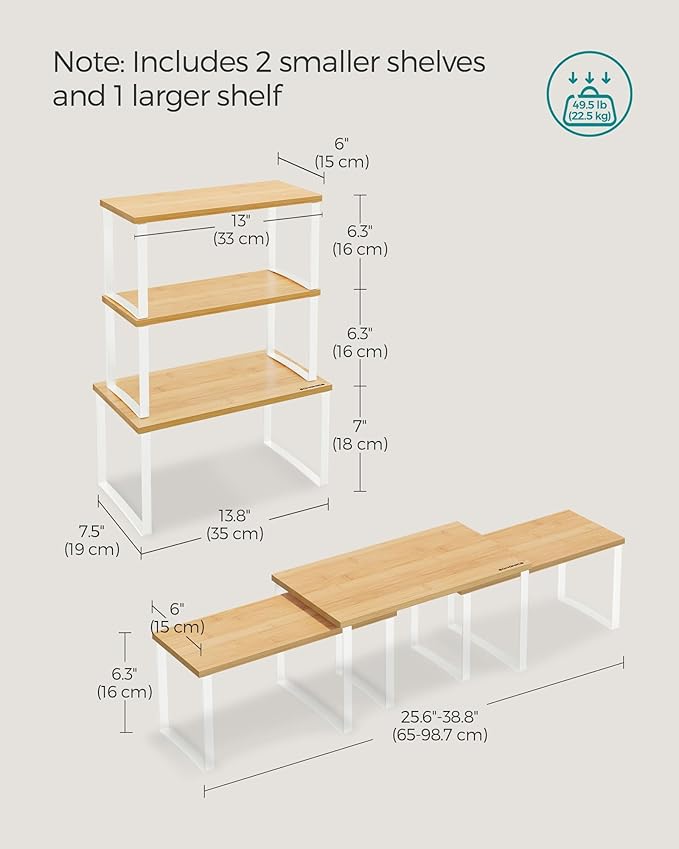 SONGMICS Cabinet Organizer Shelf, Set of 3 Kitchen Counter Shelves, Kitchen Storage, Spice Rack, Stackable, Expandable, Cloud White and Natural Beige UKCS014W01-Ruum Studio Home
