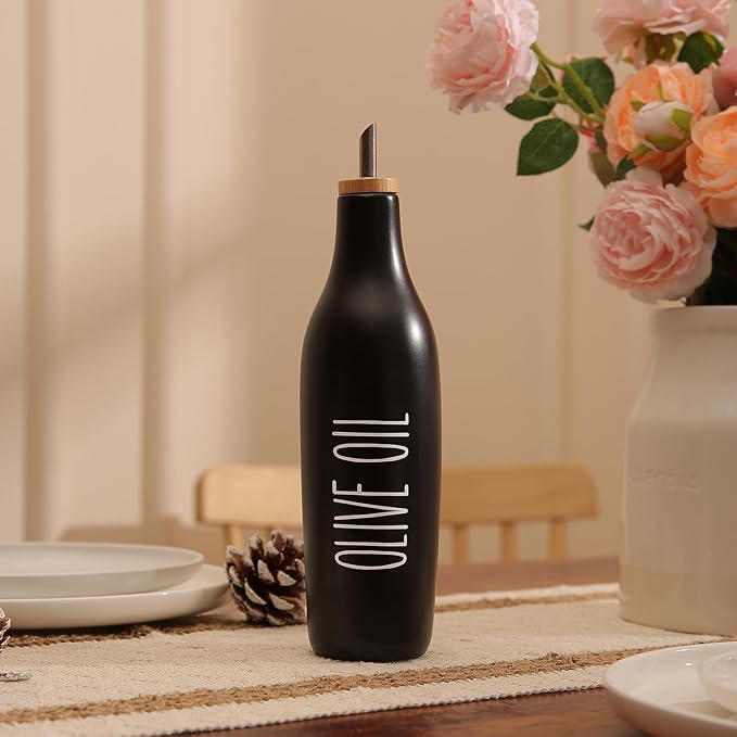 HOMCDALY Ceramic Olive Oil Dispenser for Kitchen, Stoneware 16oz Oil Cruet and Vinegar Bottles Dispenser, Kitchen Dispenser Bottle for EVOO Vinegar Syrups, Modern Farmhouse Design(B-O)-Ruum Studio Home