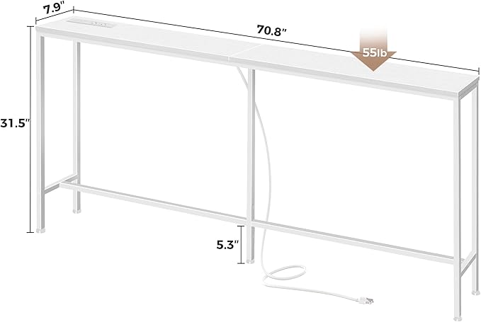 SUPERJARE 70 Inch Console Table with Outlet, Sofa Table with Charging Station, Narrow Entryway Table, Skinny Hallway Table, Behind Couch Table, for Living Room, White-Ruum Studio Home