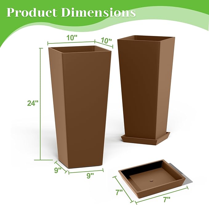 FENCY Set of 2 Tall Planters for Outdoor Plants, 24 Inch Large Tapered Pots with Drainage Trays, Weather-Resistant Plastic Plant Containers for Patio, Porch, Garden, Front Door Decor,Brown-Ruum Studio Home