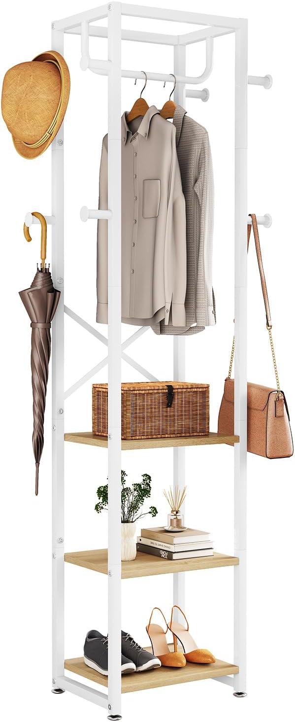 IBUYKE Coat Rack with Shelves, Freestanding Hall Tree with 3 Shelves and 8 Hooks, Industrial Clothes Stand for Entryway, Hallway, Bedroom, Natural UTMJ088R-Ruum Studio Home