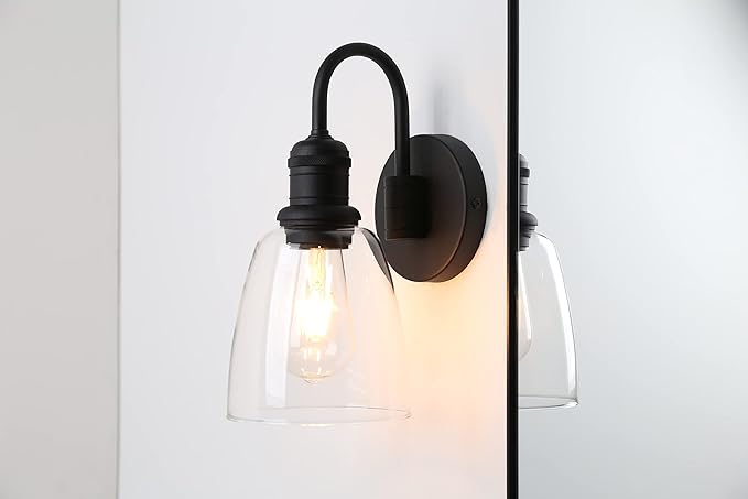 1-Light Vintage Wall Sconce, Yosoan Black Industrial Fixture Light with Elegant Gooseneck Curved Rod, Indoor Clear Glass Shade Wall Lamp Lighting for Bathroom Porch Kitchen Living Room Restaurant-Ruum Studio Home