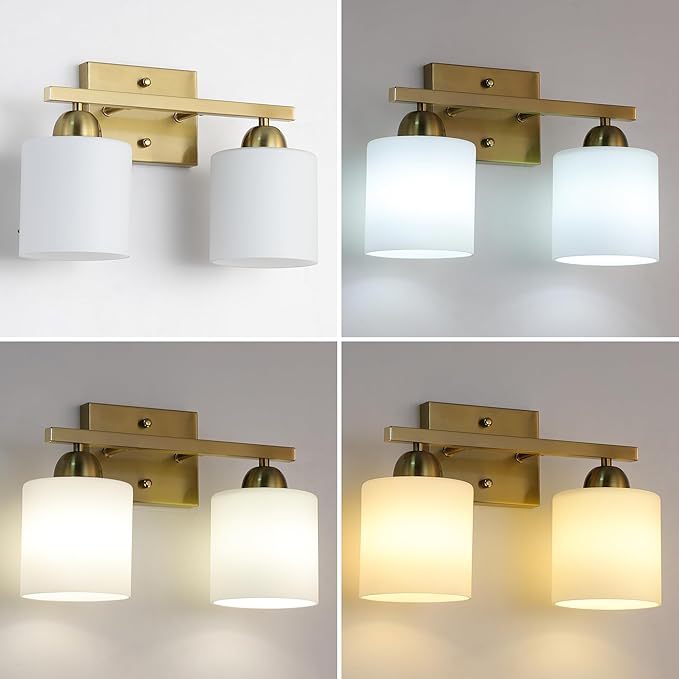 Stainless Steel Milk Glass Vanity Lights for Bathroom, 2 Light Gold Bathroom Light Fixtures Over Mirror, Ceramic E26 Sockets Wall Mounted-Ruum Studio Home