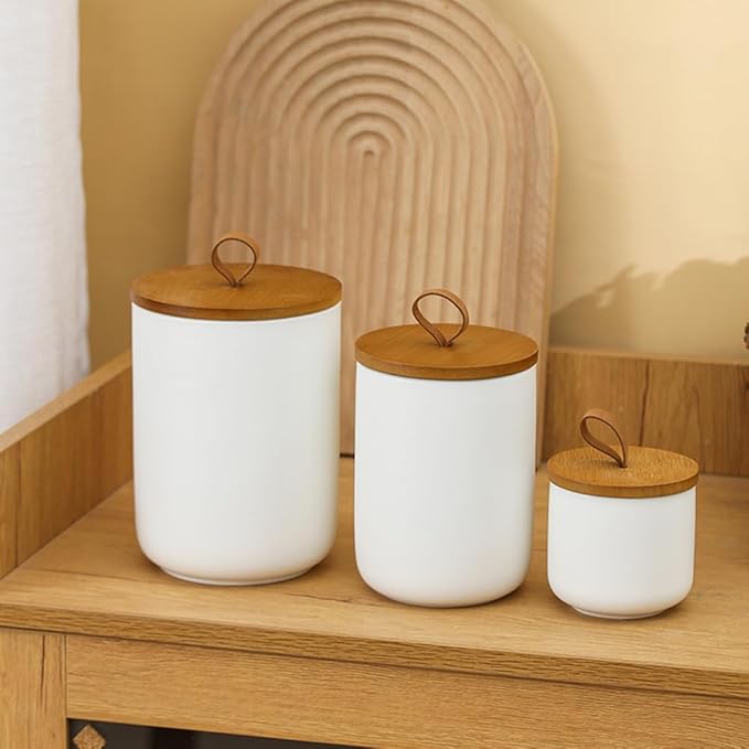 Canister Sets for Kitchen,Ceramic Kitchen Canisters for Countertop with Airtight Wood Lids for Serving Ground Coffee, Tea, Spice, Grains, Sugar, Salt (White Pack of 3 (8.7/27/44 Oz))-Ruum Studio Home