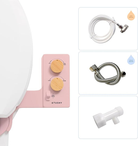 TUSHY 3.0 Spa Cool to Warm Water Bidet Attachment. Easy Universal Toilet Seat Install, Requires Sink Connection for Temperature Control. Fresh Self Cleaning Clean Water (Pink/Bamboo)-Ruum Studio Home