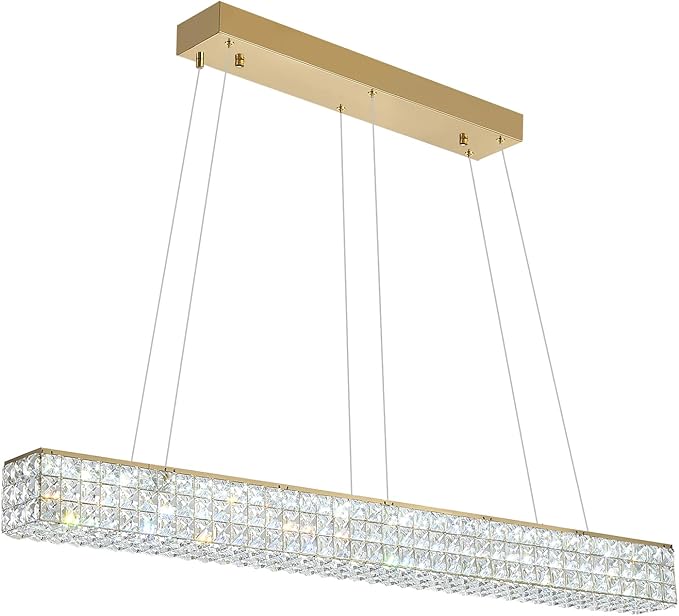 W48 Rectangular Gold Crystal Chandelier Modern Rectangle Pendant Ceiling Light Fixture for Living Room Dining Room Kitchen Island Bar-Ruum Studio Home