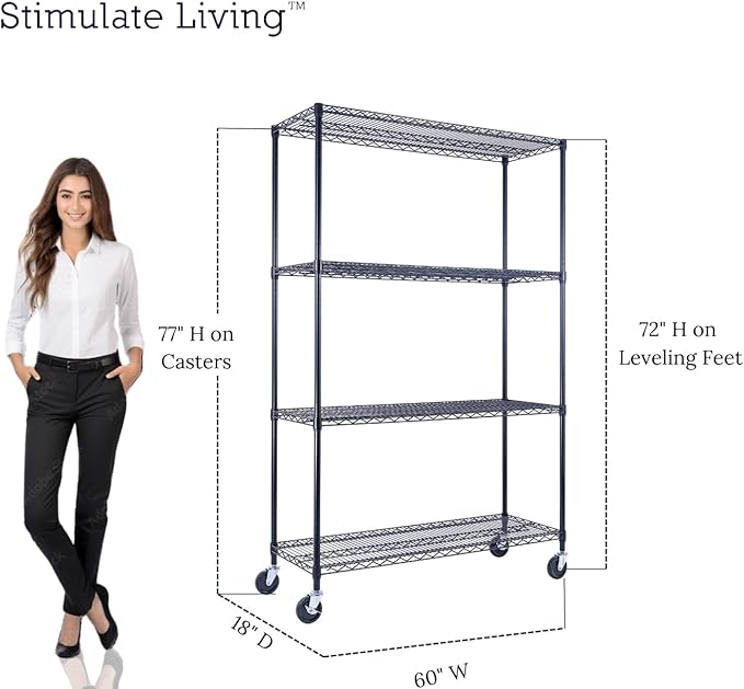 60"x18"x72" Prime Heavy Duty Black 4-Tier Wire Shelving NSF 3200 LBS MAX Capacity Storage Rack for Commercial, Hospital, School, Garage, and Kitchen Uses (with Wheels)-Ruum Studio Home