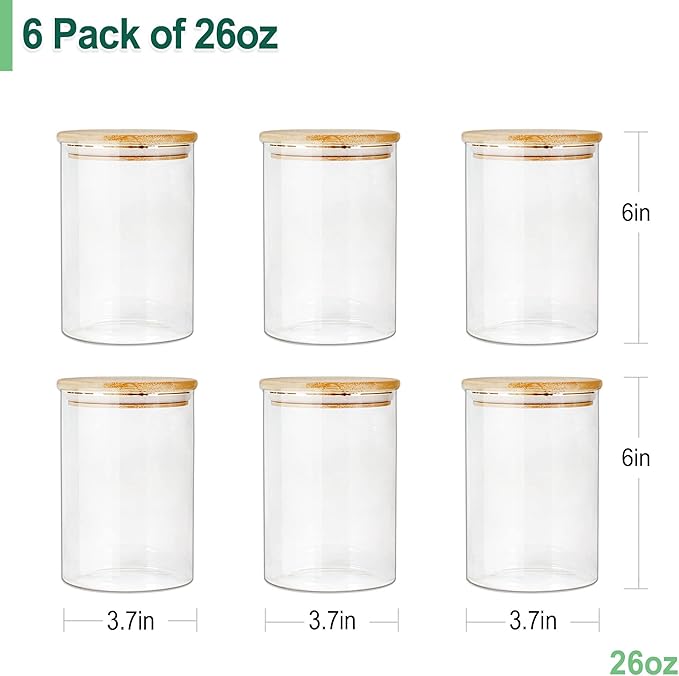 Urban Green Glass Jars with Airtight Lids, Airtight Glass Canisters with Locking Lids, (Bamboo-6P-26oz)-Ruum Studio Home