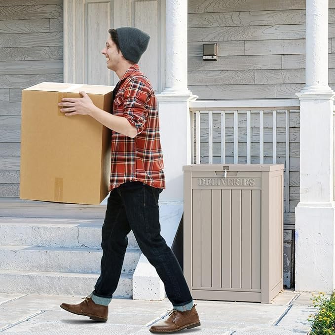 DRATO 48 Gallon Package Delivery Box, Large Lockable Storage Box, Double-Wall Resin Outdoor Package Delivery and Waterproof Deck Box for Porch, Patios-Ruum Studio Home