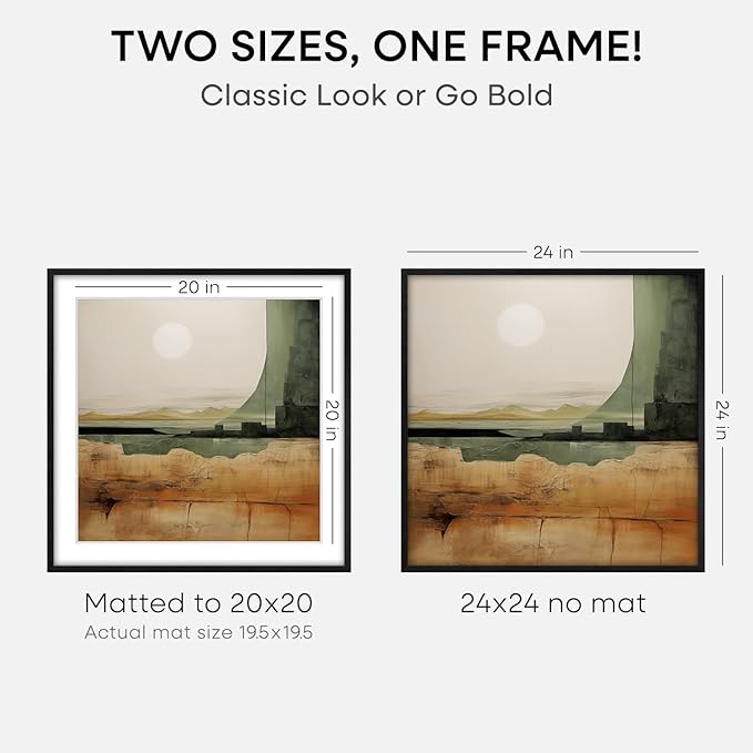 Homeforia 24x24 Black Wood Frame, High End Oak 24 x 24 Square Picture Frames with Mat 20 by 20 inches Photo, 24by24 Black Wooden Poster Frames Matted to 20x20 Print, Tempered Glass, Wall Kit, Set of 1-Ruum Studio Home