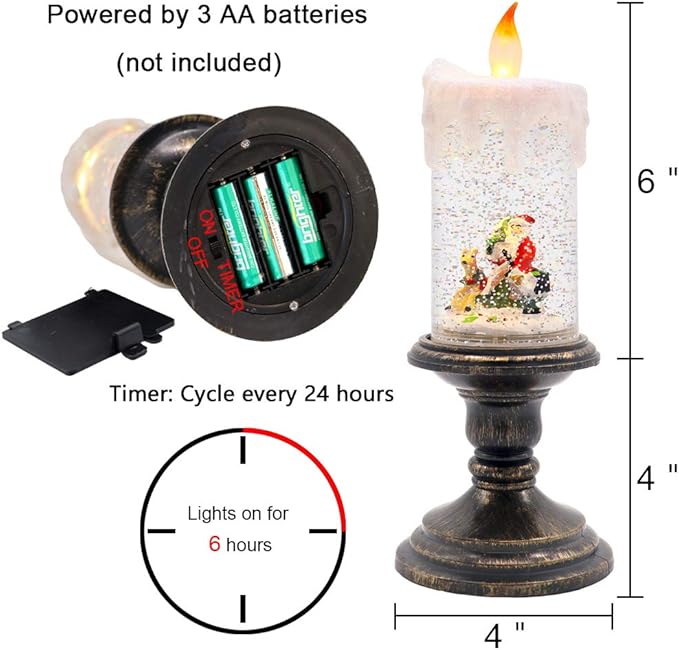 Eldnacele Battery Operated Lighted Flameless Candles Christmas Snow Globe Candle Light Swirling Water Glittering Spinning Candles for Home Decoration(Santa)-Ruum Studio Home