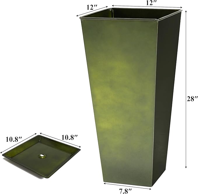 WORTH Garden 28" Large Metal Glazed Planter Set of 2, Luxurious Glossy Finish Green Tall Square Tapered Steel Plant Pots, Decor Flower Pot Indoor & Outdoor, Drainage Hole & Dual-Purpose Plant Saucer-Ruum Studio Home
