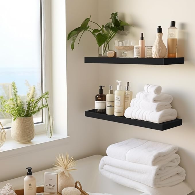 LaVie Home Floating Shelves, 15.6 Inch Wall Shelf Set of 3, Hanging Shelf with Invisible Brackets, Wall Decor for Bathroom, Bedroom, Living Room, Kitchen Storage, Classic Black-Ruum Studio Home