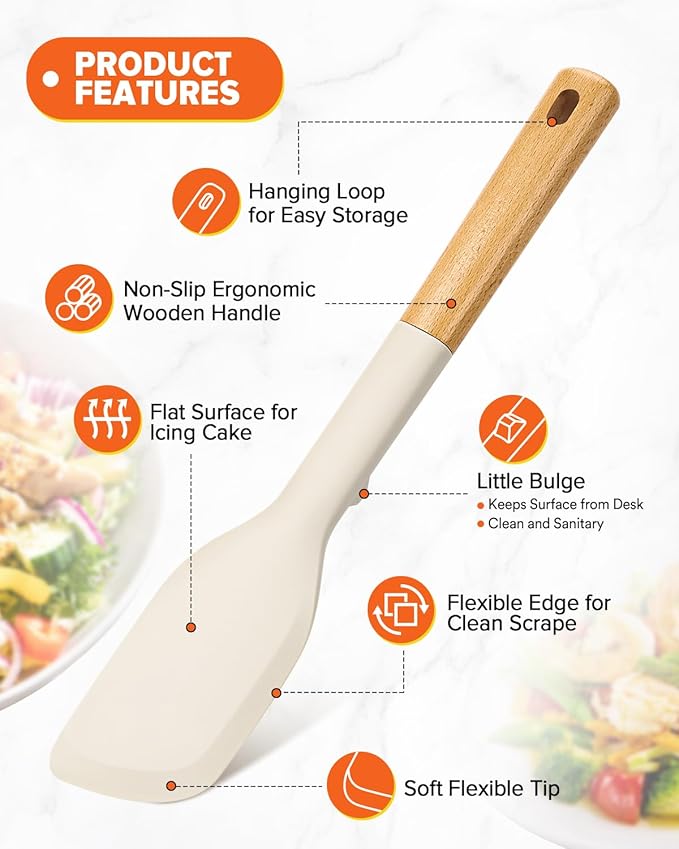 Cooking Spoon and Scraper for Nonstick Cookwares, Great for Cooking and Serving Durable BPA-Free Matte Silicone, Wood Handle Multifunction Spoon for Mixing, Scoop, and Scrape (KHAKI)-Ruum Studio Home