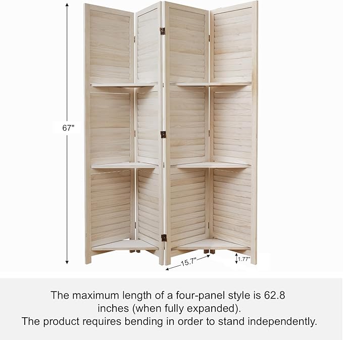 Room Divider with Shelves, 5.6 Ft Tall Folding Wood Screen with Double Hinges for Home Office Bedroom Hotel Decoration (4 Panels, White-Washed)-Ruum Studio Home
