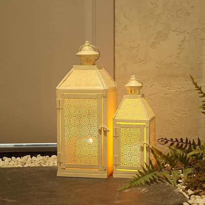 NEEDOMO 2Pack Outdoor Lantern, 16" Large White Candle Lanterns Decorative Indoor, Metal Frame with Glass, Vintage Farmhouse Lantern Decor for Front Porch, Garden, Patio, Pathway, Balcony,Yard-Ruum Studio Home