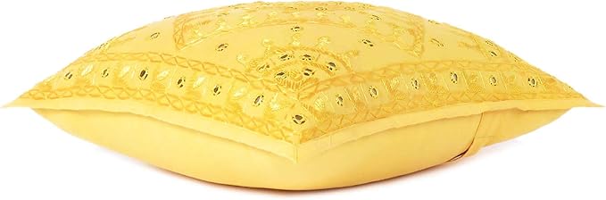 Eyes of India Embroidered Decorative Boho Throw Pillow Cover with Mirrors, Handmade Bohemian Accent Cushion Case for Sofa Couch Bedroom Living Room (Yellow, 24" x 24")-Ruum Studio Home