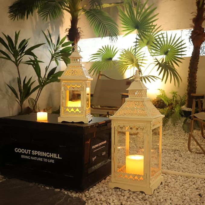 NEEDOMO Lanterns Decorative Outdoor & Indoor, Set of 2 Outdoor Lanterns for Porch,Large Square Candle Lantern, Beige Metal Frame with Glass for Fall, Christmas-Ruum Studio Home