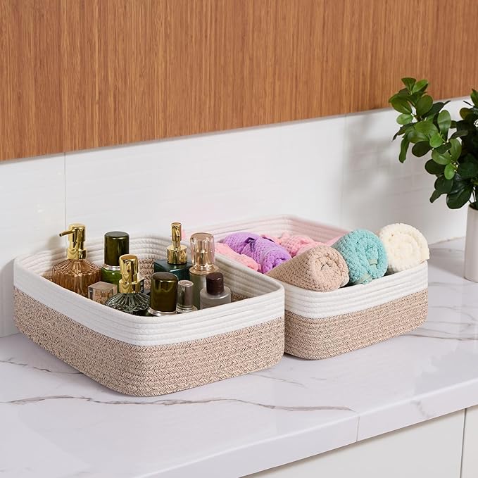Large Shallow Organizing Baskets 15x11x5.1 Inches - Rope Woven Storage Bins for Bathroom, Shelves, Cube Closet, White Mixed Brown 2 Packs-Ruum Studio Home