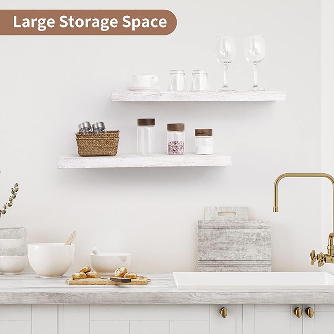 Axeman Floating Shelves for Wall, 24''W x 8''D Rustic Solid Elm Wood Wall Shelves for Storage, Wall Mounted Display Shelving with Invisible Heavy-Duty Metal Bracket (White Wash, 2PCs)-Ruum Studio Home
