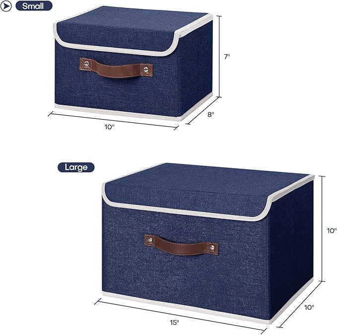 ANMINY 2PCS Storage Bins with Lid PU Leather Handles Storage Boxes PP Plastic Board Decorative Foldable Lidded Cotton Linen Fabric Home Cubes Baskets Closet Organizer Containers - Blue, Small Size-Ruum Studio Home