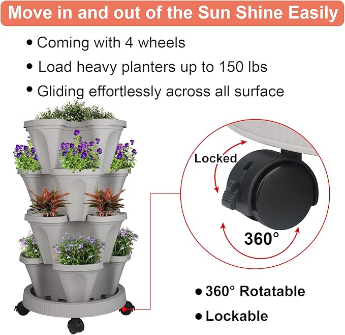 Vertical Planter 4 Tier Stackable Planters Garden Planters Strawberry Herb Flower and Vegetable Planter Indoor Outdoor Gardening Pots with Removable Wheels and Tools 2-Pack-Ruum Studio Home