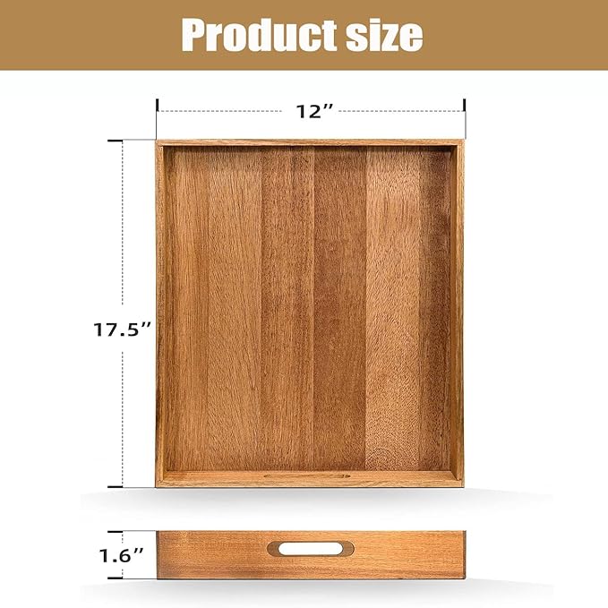 Acacia Wood Serving Tray with Handles - 17-Inch Large Wooden Tray for Ottoman - Perfect for Breakfast, Lunch, Dinner, Appetizers, Patio, Ottoman, Coffee Table,BBQ, Party – Great for Lap &Couch ﻿-Ruum Studio Home