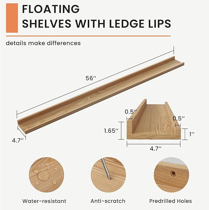 Solid Ash Wood Picture Ledge Shelf, Floating Shelves Set of 2, 56 Inch Long Large Ledge Shelves, Nursery Book Shelves Wall Mounted for Living Room Bedroom Kitchen Decor Kids Bookshelf, Natural-Ruum Studio Home