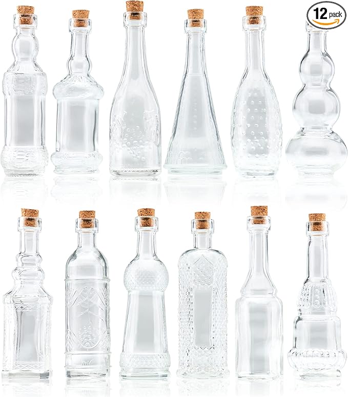 Small Mini Clear Vintage Glass Bottles with Corks, Mini Vases, Decorative, Potion, Assorted Design Set of 12 pcs, 4.6 Inch Tall (11.43cm), 1.4 Inch Wide (3.56cm)-Ruum Studio Home