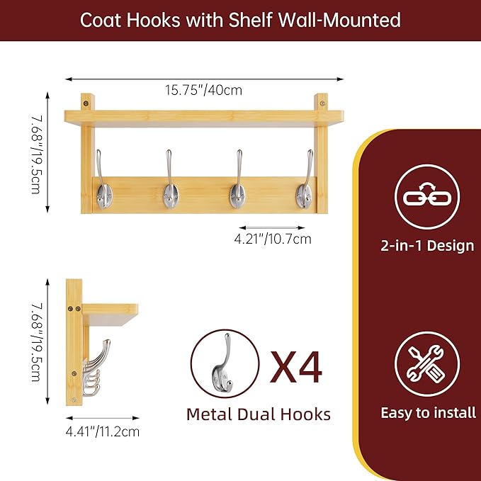 Coat Rack with Shelf, 2 Pack Bamboo Wall-Mounted Coat Hanger with 8 Hooks for Entryway, Hallway, Kitchen, Bathroom, Living Room, Utility Room (Natural)-Ruum Studio Home