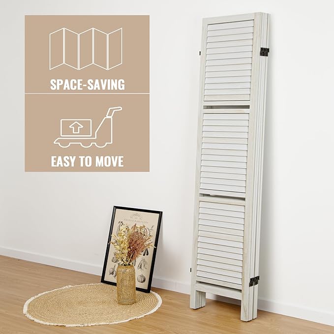 Room Divider with Shelves, Privacy Screen, Room Dividers and Folding Privacy Screens, 5 Panel Wood Temporary Wall Partition Separation Separator, White-Ruum Studio Home