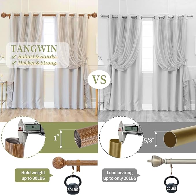 2 Pack Wood Curtain Rods for Windows 48 to 84 Inch(4-7ft),1 Inch Adjustable Curtain Rod,Heavy Duty Curtain Rods,Wooden Netted Texture Drapery Rods,Single Window Curtain Rod 36-88",Brown Wood-Ruum Studio Home