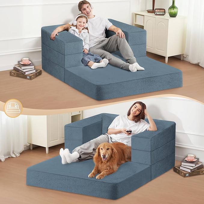Folding Bean Bag Chair for Adults,3-in-1 Bean Bag Couch Faux Fur Floor Sofa Large Beanbag Convertible Bean Bag Sofa Bed with Pillow in Bedroom,Living Room,Apartment(Twin,Gray)-Ruum Studio Home