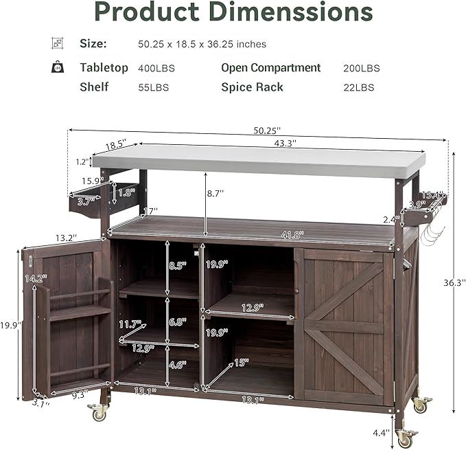 Farmhouse Solid Wood Grill Table with Stainless Steel Top, Outdoor Rolling Bar Cart & Storage Cabinet with Spice & Towel Rack, Outdoor Kitchen Island with Internal Storage Rack, Dark Brown-Ruum Studio Home