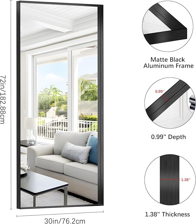 Black Bathroom Mirror, 72x30 Inch Rectangular Deep Frame Mirror, Large Wall Mounted Bathroom Vanity Mirror Over Sink for Bedroom,Restroom, Living Room, Hangs Vertically or Horizontally-Ruum Studio Home