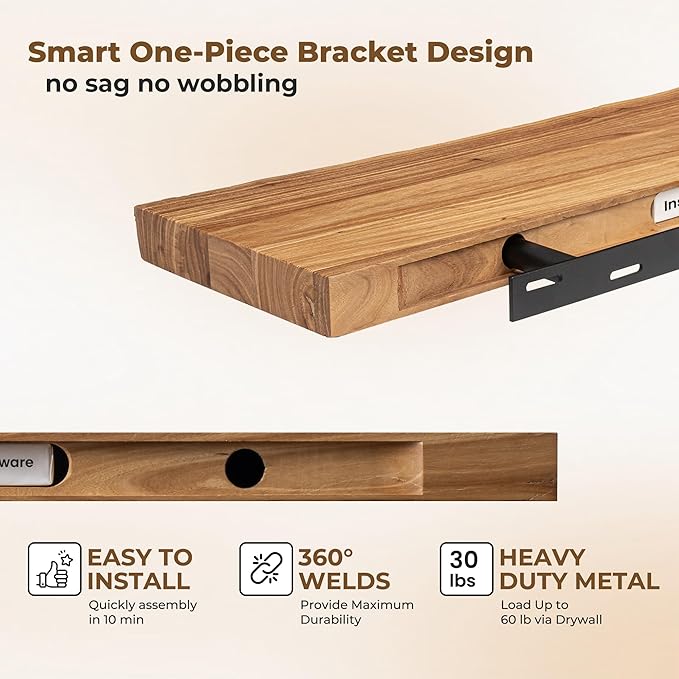 Axeman 40 inch Floating Shelves for Wall - 8'' D Live Edge Rustic Solid Elm Wood Floating Shelves Wall Mounted, Wall Shelves with Invisible Bracket for Living Room Bedroom Kitchen, 1 Pc Natural-Ruum Studio Home