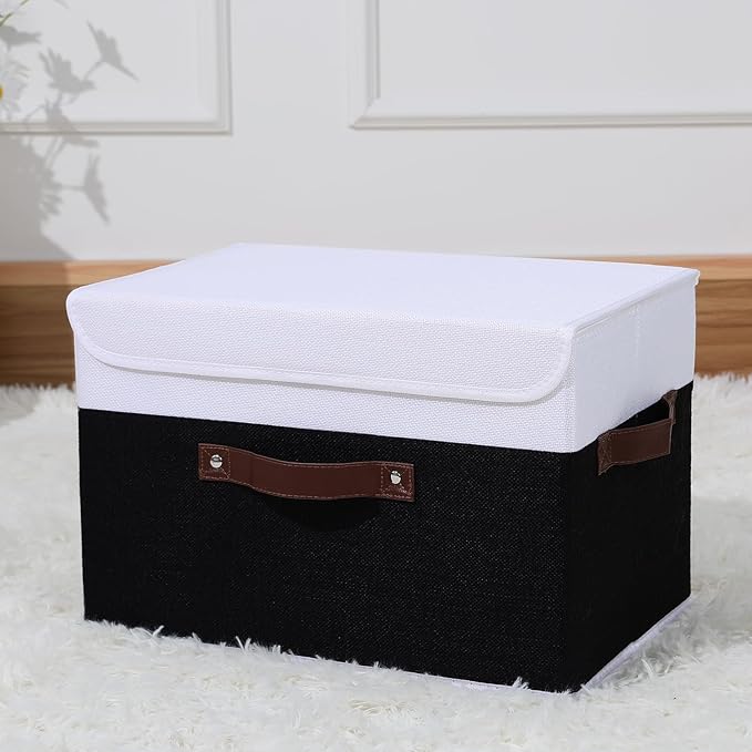ANMINY Storage Boxes with Lids Washable Decorative Storage Bins Basket with PU Leather Handle Foldable Linen Fabric Storage Cubes Containers for Home Closet Organizer - Black White, Large Size-Ruum Studio Home