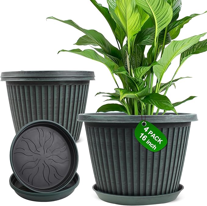 Large-Planter-Indoor-Outdoor Plant Pots, 16 inch 4 Pack Plastic Flower Pots with Saucer and Drainage Holes, Modern Garden Planters for Planting Medium Large Plants， Decorative Resin Garden Pots-Ruum Studio Home