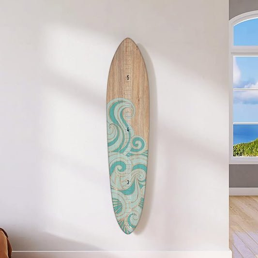 Wooden Surfboard Wall Decor Growth Chart - Surf Board Decor for Kids Room, Wooden Growth Chart for Wall, Surfboard Wall Art, Surfboards for Decoration - Teal Wave (9.5"x 45")-Ruum Studio Home