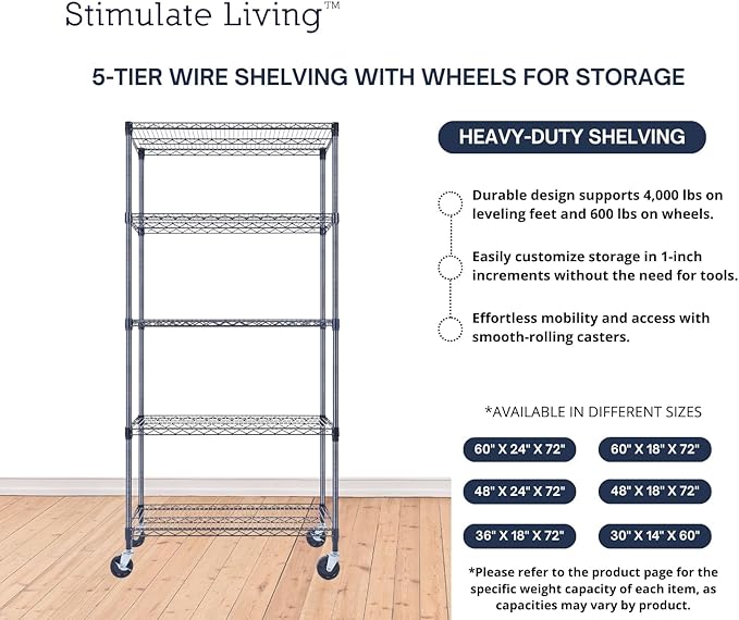 36"x18"x72" Prime Heavy Duty Black 5-Tier Wire Shelving NSF 4000 LBS MAX Capacity Storage Rack for Commercial, Hospital, School, Garage, and Kitchen Uses (with Wheels)-Ruum Studio Home